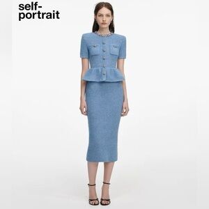 Self portrait BLUE PEPLUM KNIT MIDI DRESS $700 New with tags